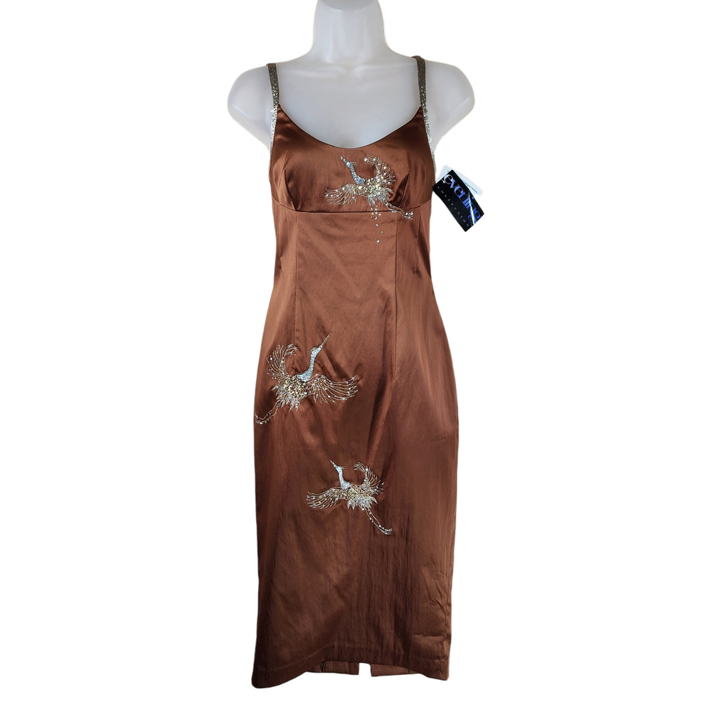 Julian Joyce‎ sz 2 Cocktail Dress Women Slip Caramel Brown Sequin Cranes Vtg NEW
